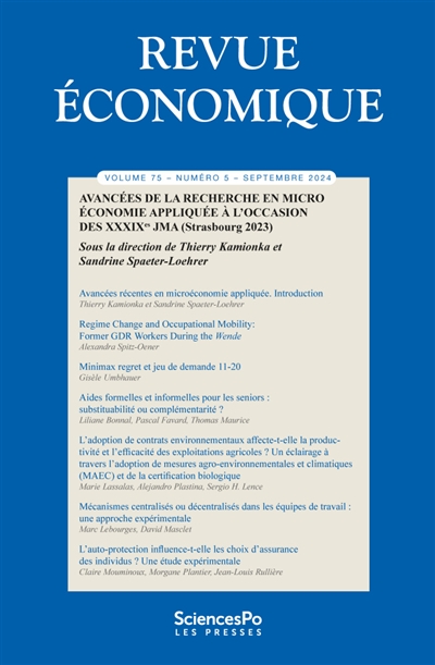 Revue économique, n° 75-5. Avancées de la recherche en microéconomie appliquée à l'occasion des XXXIXes JMA (Strasbourg 2023)