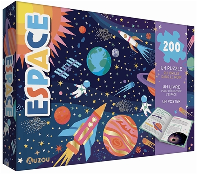 Espace : un puzzle qui brille dans le noir, un livre pour découvrir l'espace, un poster