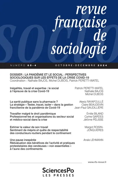 Revue française de sociologie, n° 65-4. La pandémie et le social : perspectives sociologiques sur les effets de la crise Covid-19