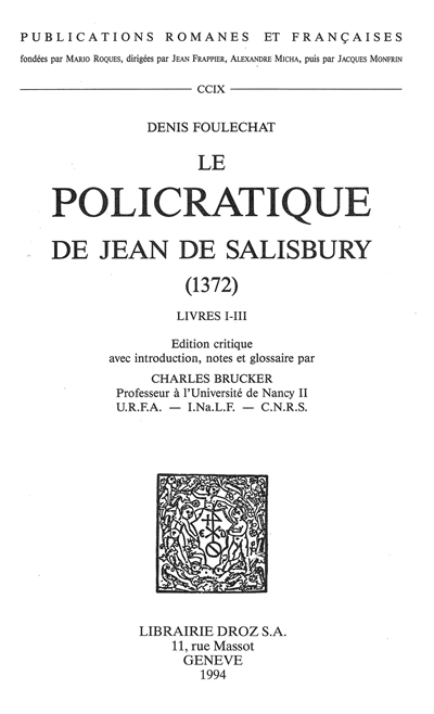 Le Policratique de Jean de Salisbury : 1372. Livres I-III