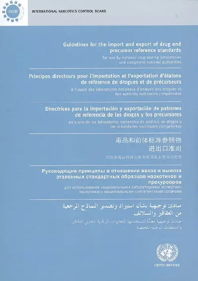 Guidelines for the import and export of drug and precursor reference standards : for use by national drug testing laboratories and competent national authorities. Principes directeurs pour l'importation et l'exportation d'étalons de référence de drogues et de précurseurs : à l'usage des laboratoires nationaux d'analyse des drogues et des autorités nationales compétentes. Directrices para la importacion y exportacion de patrones de referencia de las drogas y los precursores : para uso de los laboratorios nacionales de analisis de drogas y las autoridades nacionales competentes