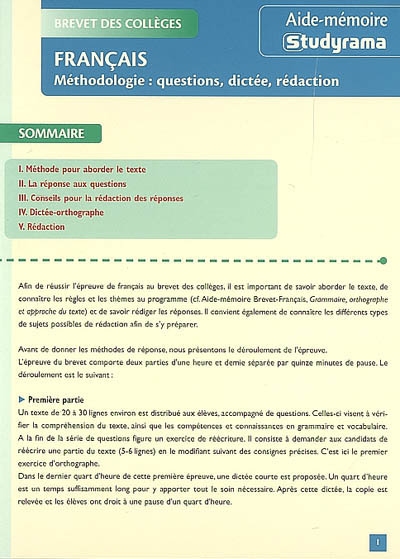 Français, méthodologie : questions, dictée, rédaction : brevet des collèges