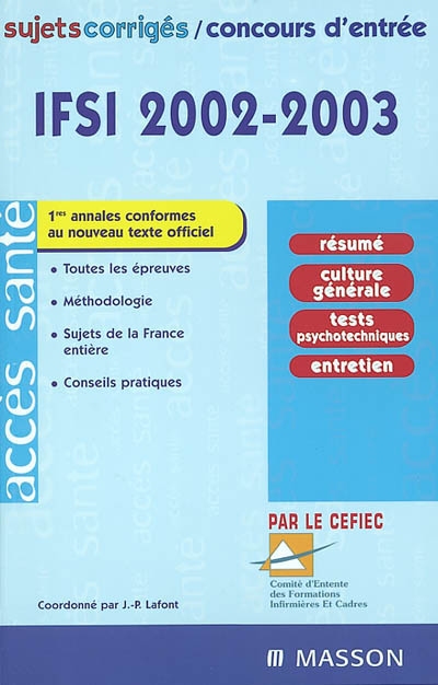 Concours d'entrée IFSI 2002-2003 : sujets corrigés