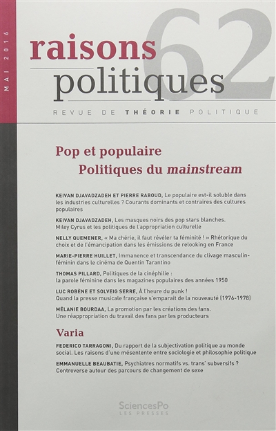 Raisons politiques, n° 62. Pop et populaire : politiques du mainstream