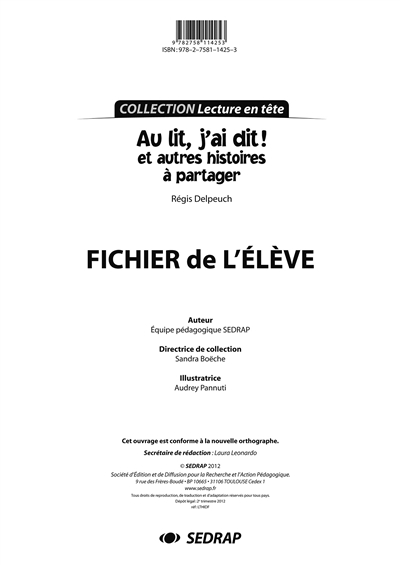 Au lit, j'ai dit ! : et autres histoires à partager, Régis Delpeuch : fichier de l'élève