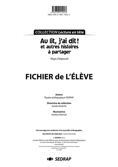 Au lit, j'ai dit ! : et autres histoires à partager, Régis Delpeuch : fichier de l'élève