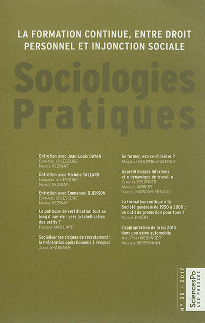 Sociologies pratiques, n° 35. La formation continue, entre droit personnel et injonction sociale