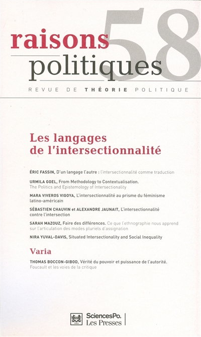 Raisons politiques, n° 58. Les langages de l'intersectionnalité