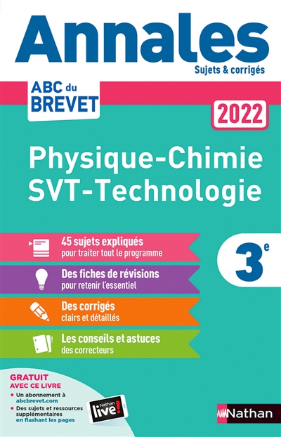 Physique chimie, SVT, technologie 3e : annales 2022