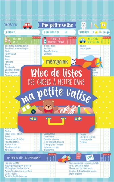 Bloc de listes des choses à mettre dans ma petite valise