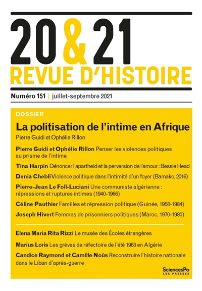 20 & 21 : revue d'histoire, n° 151. La politisation de l'intime en Afrique