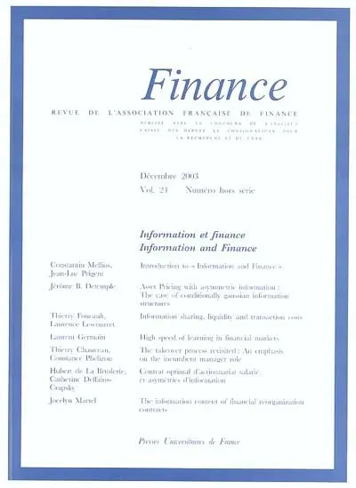 Finance, hors-série. Information et finance. Information and finance