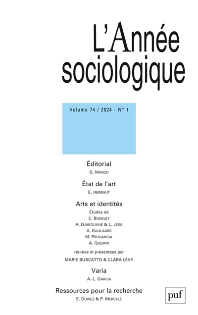 Année sociologique (L'), n° 1 (2024). Arts et identités