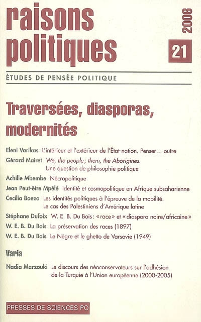 Raisons politiques, n° 21. Traversées, diasporas, modernités