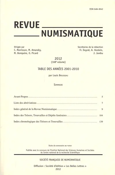 Revue numismatique, n° 168. Table des années 2001-2010