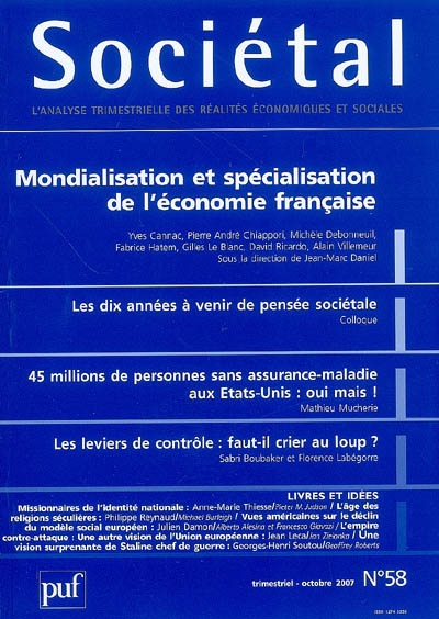Sociétal, n° 58. Mondialisation et spécialisation de l'économie française