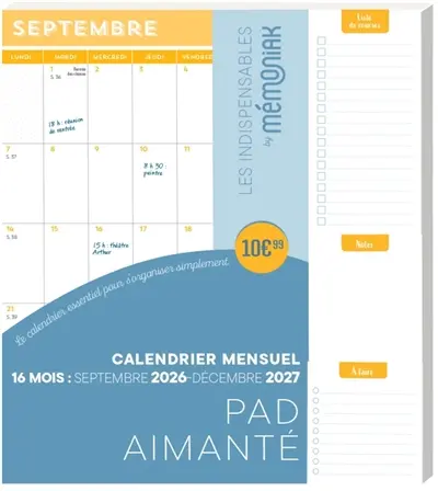 Pad aimanté : calendrier mensuel 16 mois : septembre 2026-décembre 2027