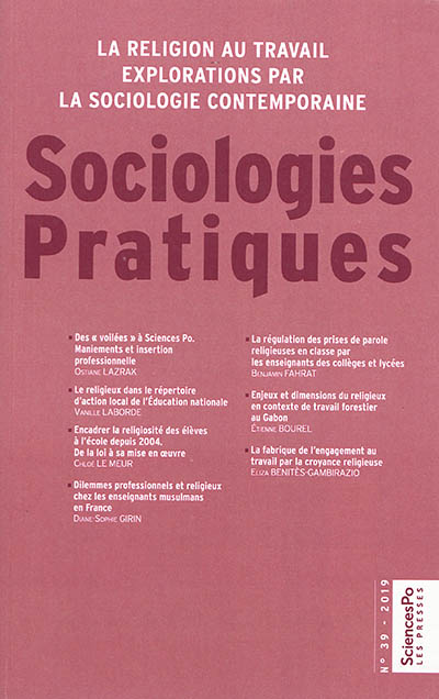 Sociologies pratiques, n° 39. La religion au travail : explorations par la sociologie contemporaine
