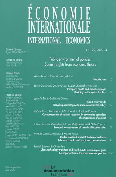 Economie internationale, n° 120. Public environmental policies : some insights from economic theory
