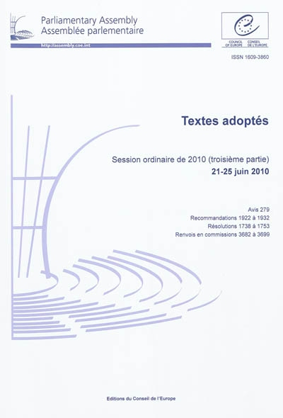 Assemblée parlementaire : textes adoptés : session ordinaire de 2010 (troisième partie), 21-25 juin 2010