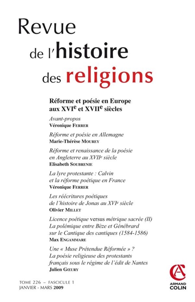 Revue de l'histoire des religions, n° 1 (2009). Réforme et poésie en Europe aux XVIe et XVIIe siècles