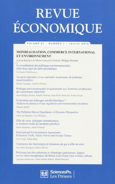 Revue économique, n° 61-1. Mondialisation, commerce international et environnement