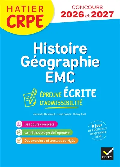 Histoire géographie EMC, enseignement moral et civique : épreuve écrite d'application : CRPE concours 2025 et 2026 M1, M2