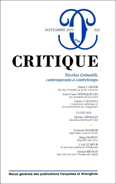 Critique, n° 918. Nicolas Grimaldi, contemporain à contretemps