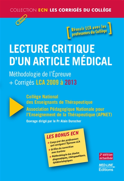 Lecture critique d'un article médical : méthodologie de l'épreuve + corrigés LCA 2009 à 2013