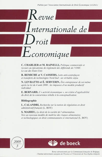 Revue internationale de droit économique, n° 3 (2009)