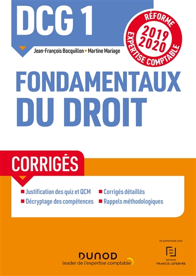DCG 1, fondamentaux du droit : corrigés : réforme expertise comptable 2019-2020
