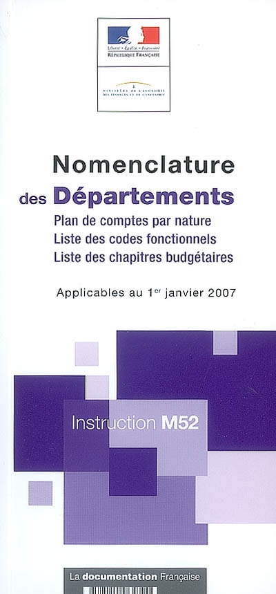 Nomenclature des départements : plan de comptes par nature, liste de codes fonctionnels, liste de chapitres budgétaires applicables au 1er janvier 2007 : instruction M52