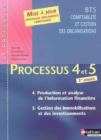 Processus 4 et 5, BTS CGO 1re année : production et analyse de l'information financière, gestion des immobilisations et des investissements : mise à jour nouveaux réglements comptables
