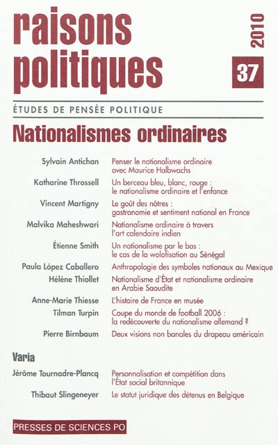 Raisons politiques, n° 37. Nationalismes ordinaires