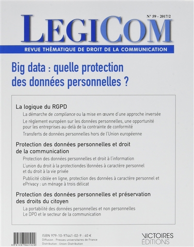 Légicom, n° 59. Big data : quelle protection des données personnelles ?