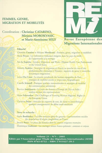 Revue européenne des migrations internationales-REMI, n° 21-1. Femmes, genre, migrations et mobilités