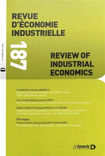 Revue d'économie industrielle, n° 187. Varia