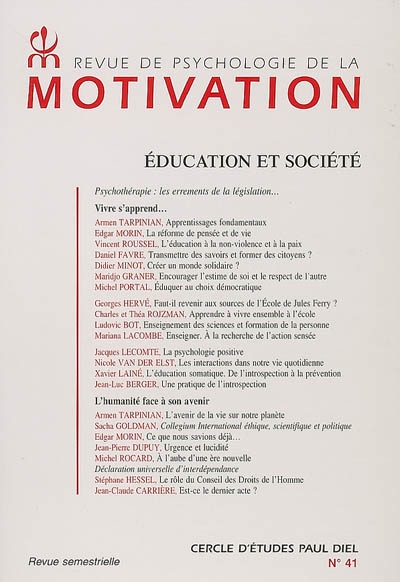 Revue de psychologie de la motivation, n° 41. Education et société
