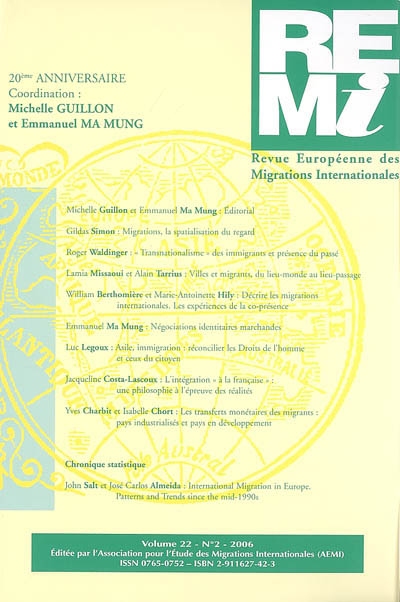 Revue européenne des migrations internationales-REMI, n° 22-2. 20e anniversaire