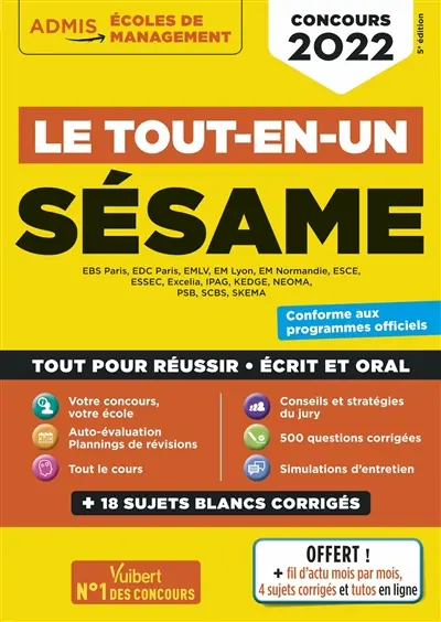 Sésame : EBS Paris, EDC Paris, EMLV, EM Lyon, EM Normandie, ESCE... : le tout-en-un, concours 2022