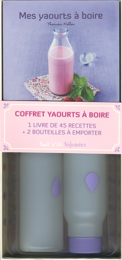 Coffret yaourts à boire : 1 livre de 45 recettes + 2 bouteilles à emporter