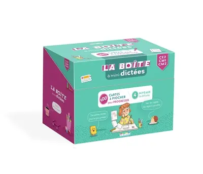 La boîte à mini-dictées, CE2, CM1, CM2 : 100 cartes à piocher pour progresser, 4 niveaux de difficulté