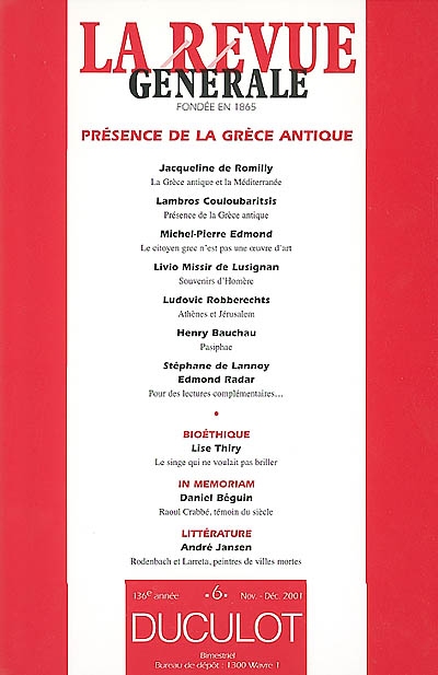 Revue générale (La), n° 6 (2001). Présence de la Grèce antique