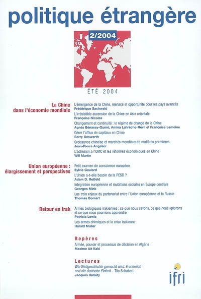 politique étrangère, n° 2 (2004). la chine dans l'économie mondiale