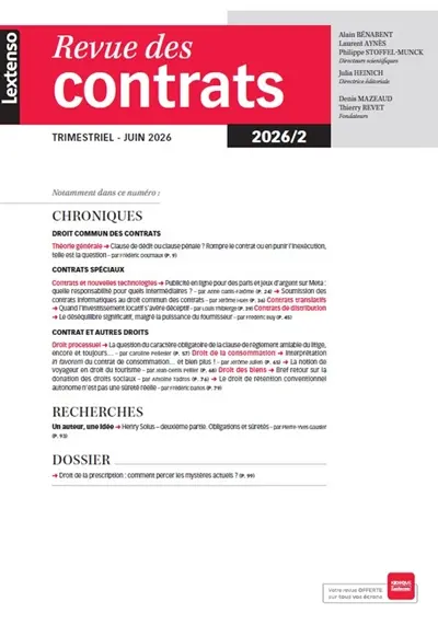 Revue des contrats, n° 2 (2026). Droit de la prescription : comment percer les mystères actuels ? Revue des contrats, n° 2 (2026). Droit de la prescription : comment percer les mystères actuels ?