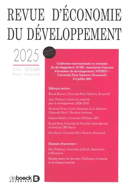 Revue d'économie du développement, n° 3-4 (2025). Conférence internationale en économie du développement (ICDE), Association française d'économie du développement (AFEDEV), université Paris Nanterre (EconomiX), 2-4 juillet 2025 Revue d'économie du développement, n° 3-4 (2025). Conférence internationale en économie du développement (ICDE), Association française d'économie du développement (AFEDEV), université Paris Nanterre (EconomiX), 2-4 juillet 2025