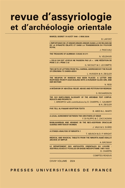 Revue d'assyriologie et d'archéologie orientale, n° 118