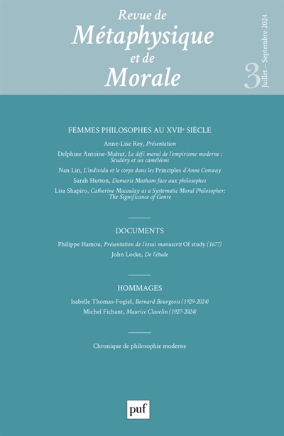 Revue de métaphysique et de morale, n° 3 (2024). Femmes philosophes au XVIIe siècle