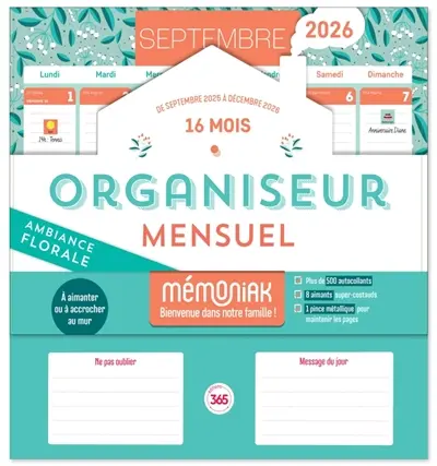 Organiseur mensuel Mémoniak 2026 : 16 mois, de septembre 2025 à décembre 2026 : ambiance florale