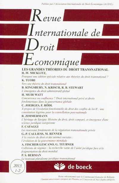 Revue internationale de droit économique, n° 1-2 (2013). Les grandes théories du droit transnational